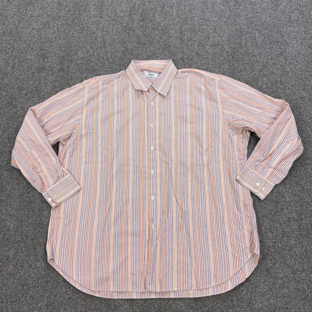 Brioni Dress Shirt Mens XL White Orange Stripe Cotton Italy Long Sleeve